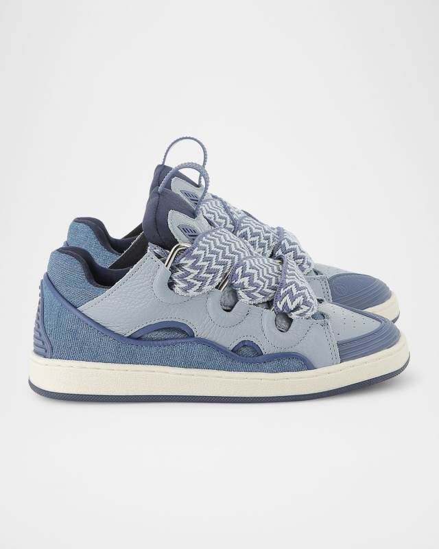 Boy's Curb Leather and Denim Chunky Low-Top Sneakers, Kids